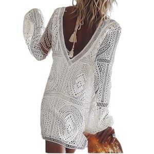 NWT Chico's White Lace V-Neck, Beach Vacation Dress, Tassel Ties Size Small